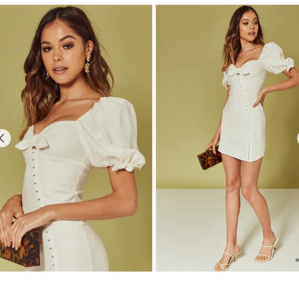 For Love & Lemons Linen Blend Macaron Ivory Puff Sleeve Dress Size S